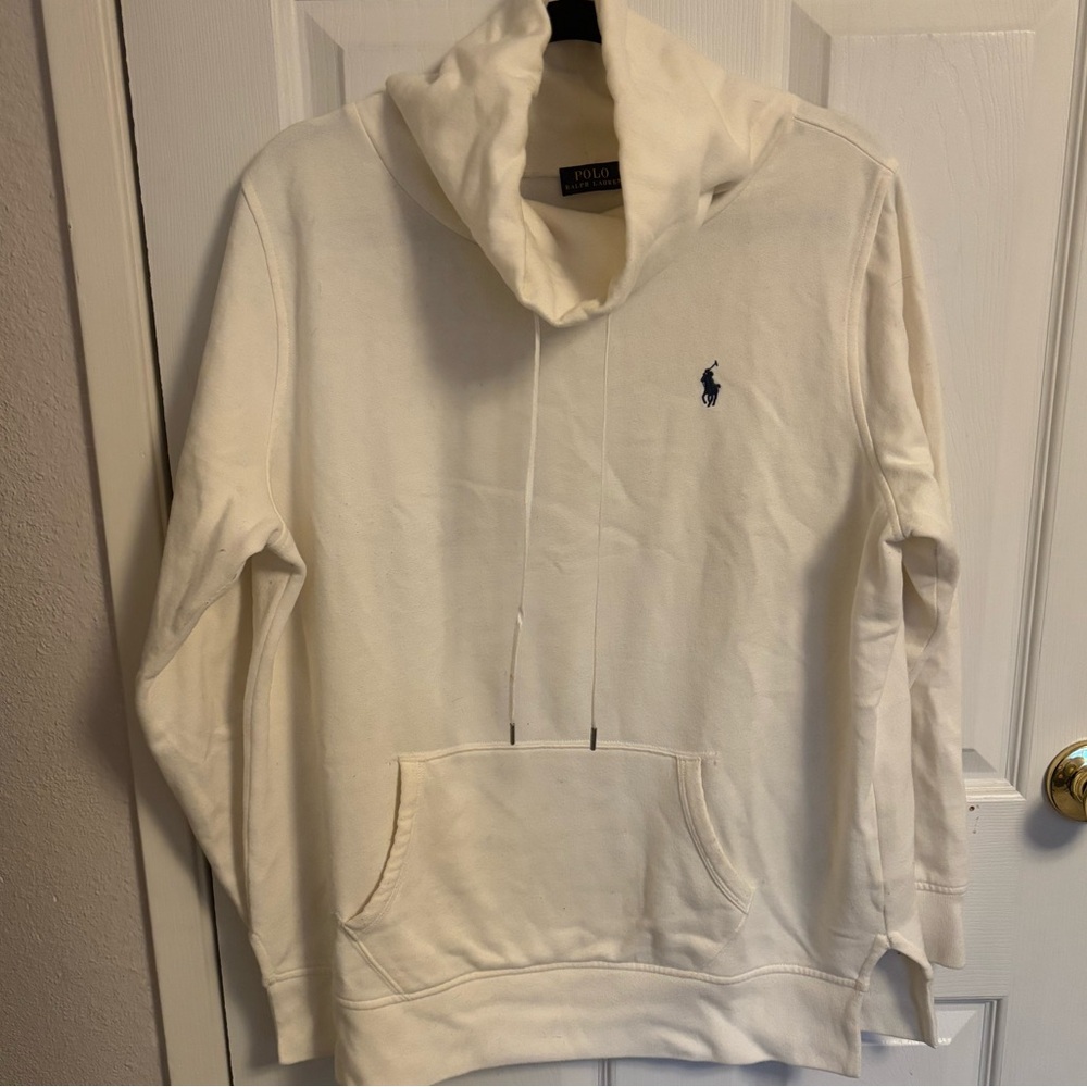 Polo Cream Off White High Neck Drawstring Pullover Sweatshirt, L